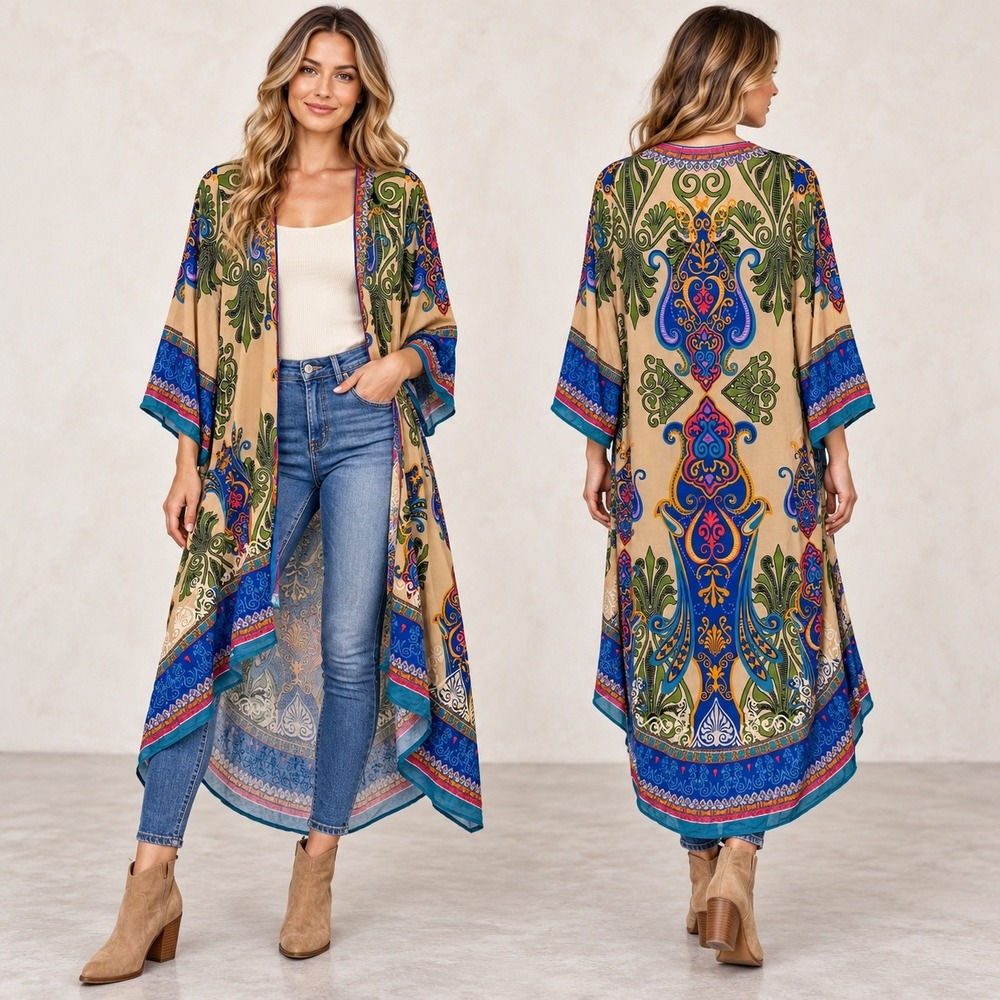 Flying Tomato Boho Paisley Duster Kimono Womens Size L Tan Blue Hippie Festival